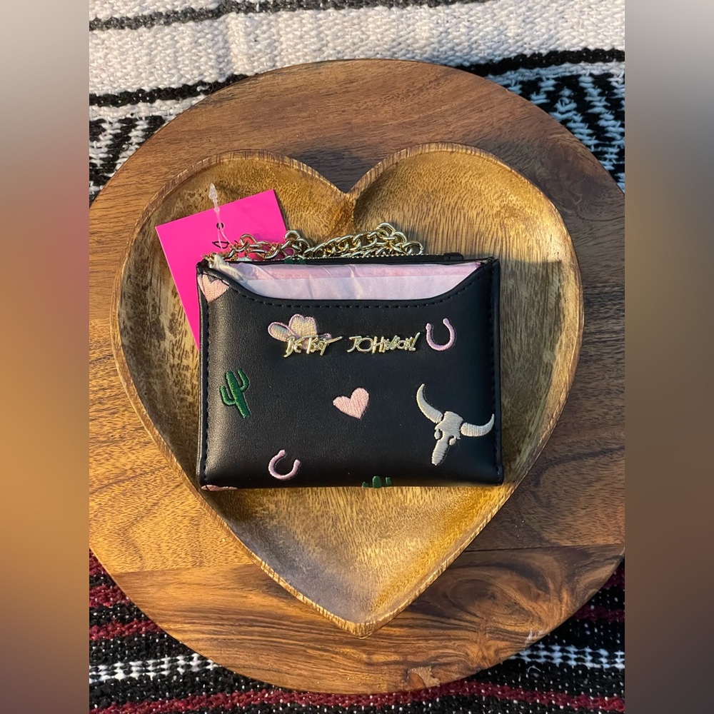 Betsey Johnson Embroidered Card Case Wallet with Chain, NWT